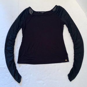 Guess Black Womens Boat Neck Top with Lace Arms Size Medium